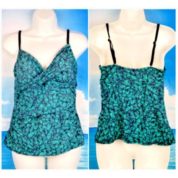 MERONA Womans NAVY BLUE/GREEN Tankini Top Swim Bathing Suit Adj straps size Lg - Picture 1 of 4